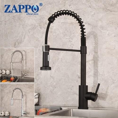 ZAPPO Solid Brass Kitchen Basin Sink Faucet 360 Swivel Deck Mounted Vessel Sink Mixer Pull Out Spout Matte Black Chrome Taps