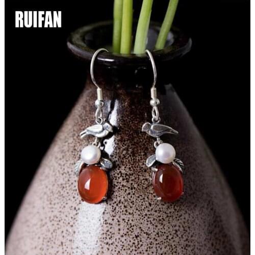 Ruifan Vintage Bird/Leaves Red Agate Drop Earrings for Women Natural Freshwater Pearl Hanging Earrings Silver 925 Jewelry YEA098