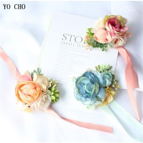 YO CHO Wedding Boutonniere Buttonhole Corsage Bracelet Flower Bridesmaid Pink Silk Corsages Boutonniere Wedding Marriage Corsage