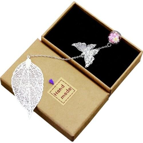 1 Pcs Boxed Creative Retro Metal Leaves Bookmark Paper Butterfly Glass Ball Pendant Book School Office Supplies Stationery