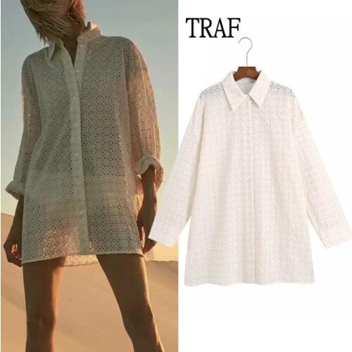 TRAF Women Shirt Za 2021 Summer Blouses Hollow Embroidery Long Shirt Casual Plus Size Women Clothing Turn-down Collar Loose Top