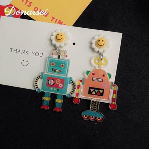 Funny Asymmetric Graffiti Robot Acrylic Drop Earrings For Women Creative Smile Sunflower Dangle Earrings Novelty Jewelry