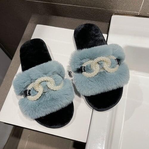 Womens 2021 New Fluffy Flat With Slipper Autumn and Winter Indoor Fuzzy Slippers Female Ladies Plush String Bead Home Slippers