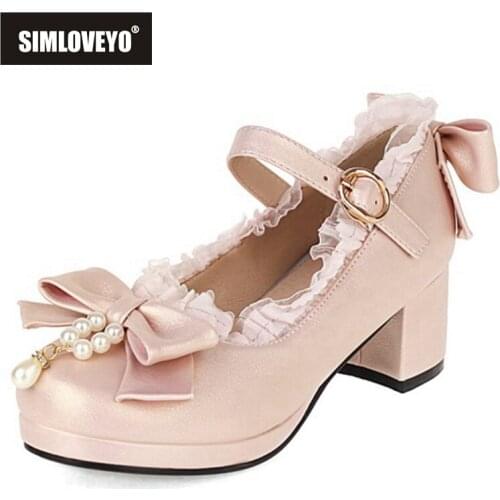 SIMLOVEYO New 2021 Ladies Pumps Lolita Sweet Cute Round Toe 4cm Block Heels Faux Pig Leather Lace Bukle Bowtie Pearl B2296