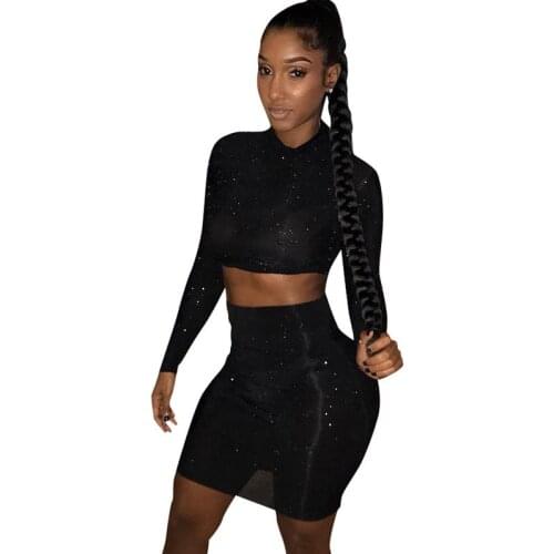 Women Mesh Sheer Rhinestone Glitter Dress 2018 Autumn Spring Sexy Long Sleeve Two Piece Dresses Party Club Wear Crop Top Dress