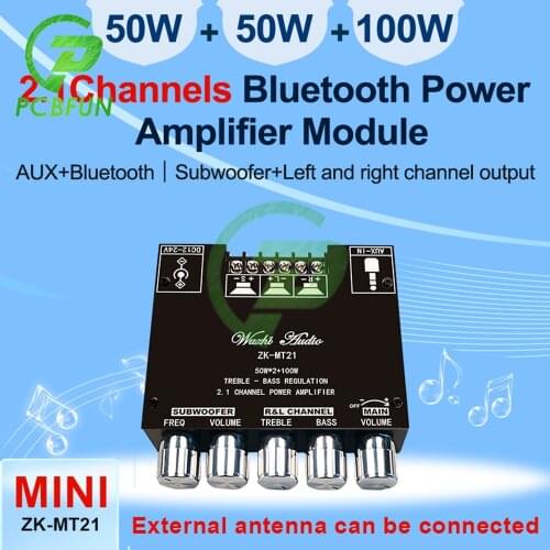 ZK-MT21 2.1 Channel Stereo Audio Amplifier Board 50WX2 + 100W Bluetooth 5.0 Subwoofer Digital Power Amplifier Tone Control Board