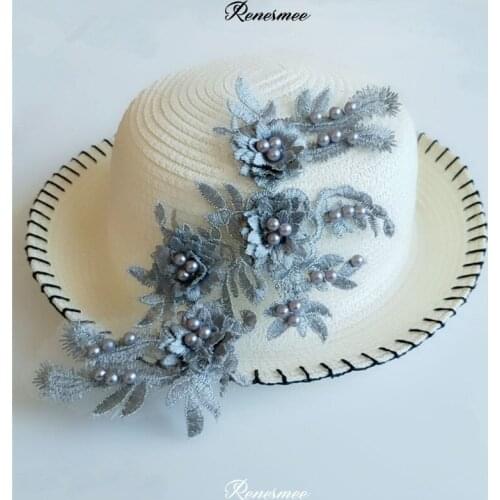 2Pcs Gray Beaded Diy Handmade Mesh Lace Fashion Flower Wedding Dress Accessories Clothing Decoration Hat Accessories 21.5X11cm