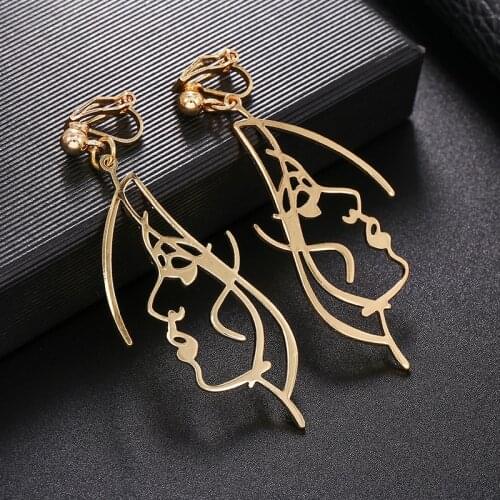 2020 New Arrival Abstract Stylish Hollow Out Face Earrings Clip Girls Statement clip Earrings no hole Statement Earrings