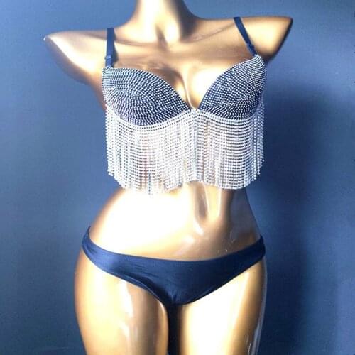 Black Rhinestones Bikini Pole Dancing Costume Fringe Bra Shorts Outfit Women Sexy Stage Wear Nightclub Bar Party Show Clothes