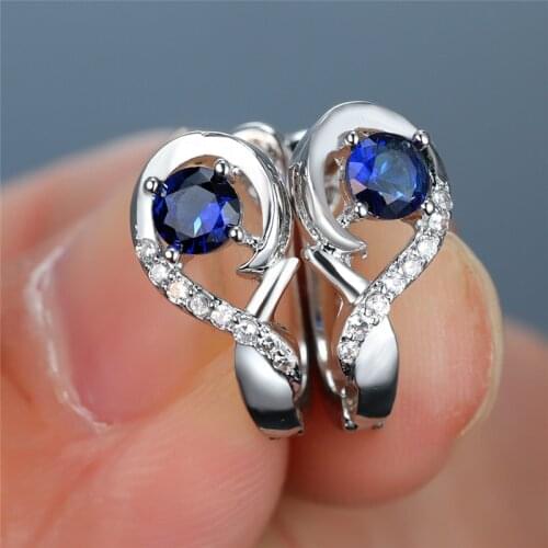 Cute Female Round Zircon Stone Earrings Charm Silver Color Clip Earrings For Women Rainbow Blue Crystal Wedding Earrings