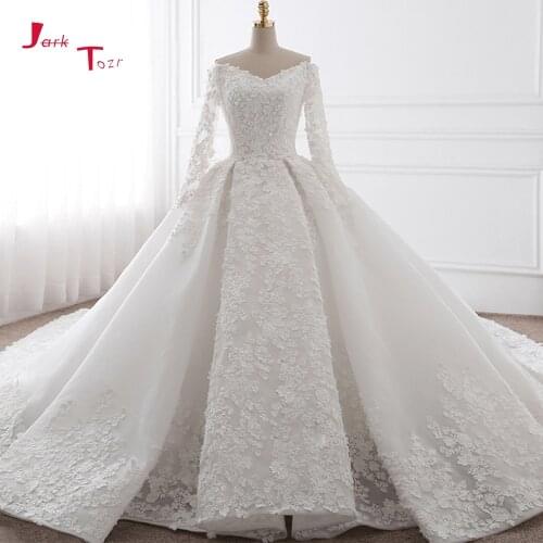 Jark Tozr V-neck Sexy Backless Full Sleeve Beading Sequins Chapel Train Gorgeous Ball Gown Wedding Dress Plus Size Mariage