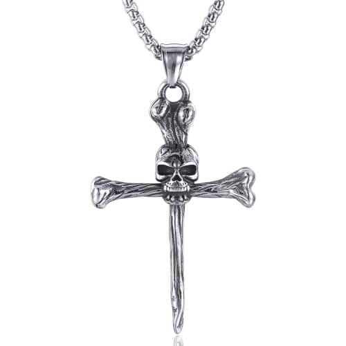 Cool Skull Cross Pendant Necklace Stainless Steel Mens Silver-Plated Fashion Jewelry Gift