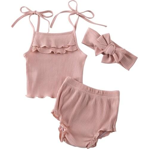 Baby Summer Clothing Newborn Infant Baby Girl Knitted Clothes Ruffled Vest Top Shorts Headband 3Pcs Ribbed Outfit Set 0-18M