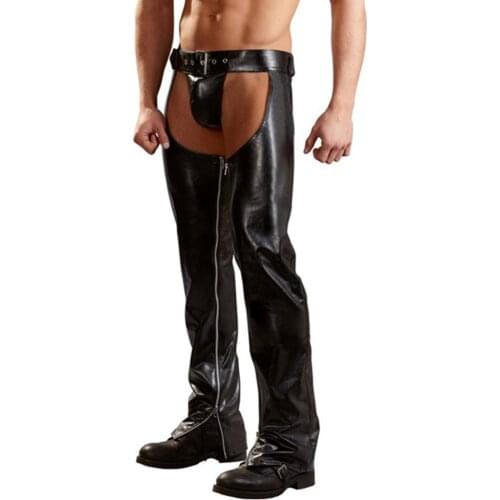 Mens Lingerie Faux Leather Crotchless Zippered Tight Pants Leggings Trousers with G-string Stage Performance for Club Party