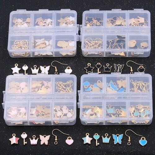 1Set 60Pcs/Lot 4Color 6Styles Charm Star Key Heart KC Gold Drop Oil Pendant With Box Material For Jewelry DIY Earring Handmade