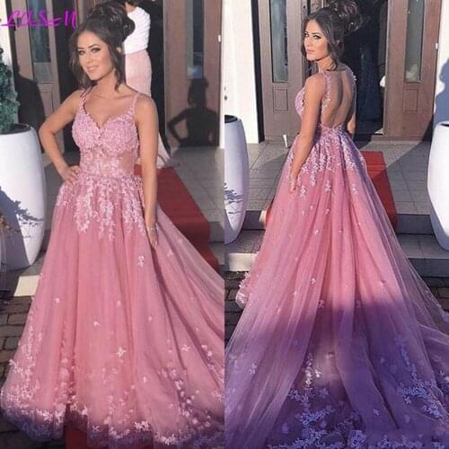 Dusty Rose Pink Illusion Long Prom Dresses Lace Applique A-Line Tulle Evening Party Dress Sexy Backless Formal Gowns Custom Made