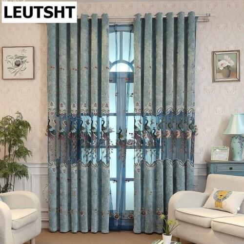 Luxury Exquisite Blackout Curtains for Living Room Blue Peacocks Embroidery Floral Tulle Voile Curtains for Bedroom