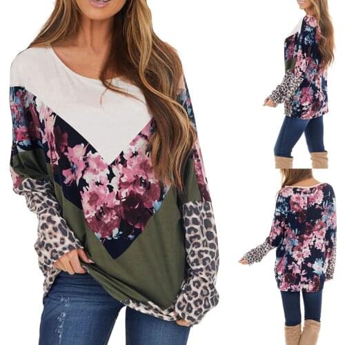 Leopard Print Shirts Splicing Blouse Women O-neck Shirts Loose Long Sleeve Tops Streetwear Shirts Fall Winter Blouses Blusas