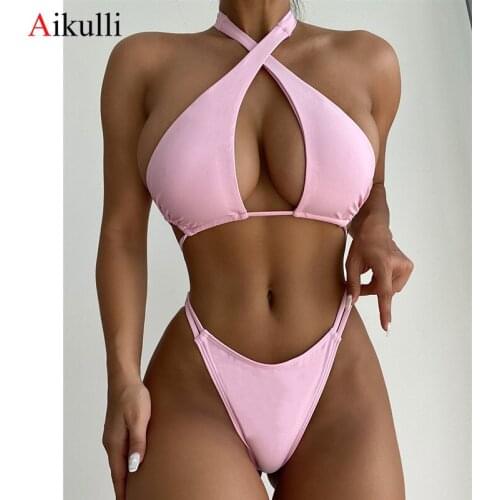 Sexy Halter Hollow Out Bikinis Push Up Swimsuit Women Pink Swimwear 2021 Summer Brazilian Bathing Suits Female Swim Bikini Set
