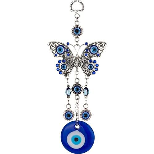 Blue Evil Eye Butterfly 7.65 Inches Pendant Decoration, Lucky Butterfly Key Ring Hanging Ornament Amulet for Car