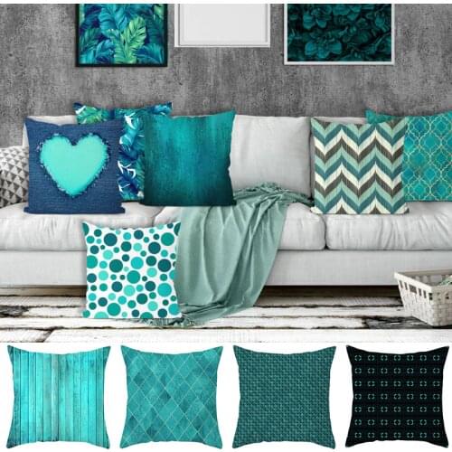 Blue Cushion Cover Leaves Feather Geometry Heart Sofa Pillow Cases Bedroom Home Decor Car Office Decorative Accessories