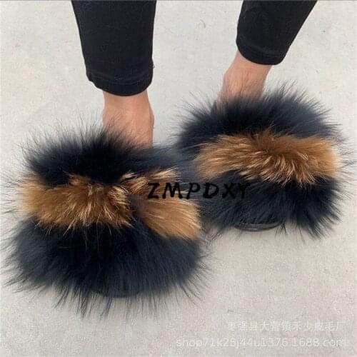 Ladies Raccoon Fur Slides Womens Rainbow Real Fox Fur Slippers Indoor Warm Plush Home Shoes Childrens/Kids Furry Flip Flops