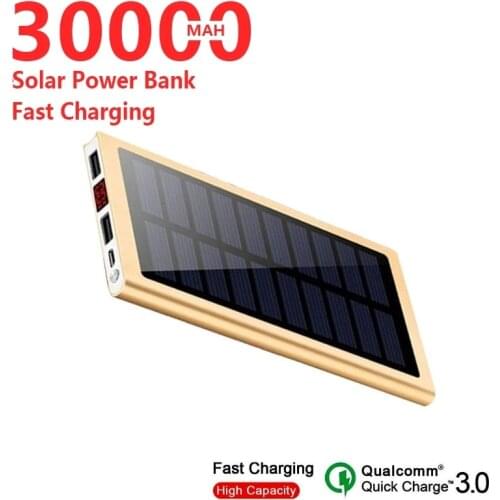 Solar Power Bank 30000mAh Large Capacity Portable Ultra-thin Charger Digital Display External Battery Fast Charging for Xiaomi