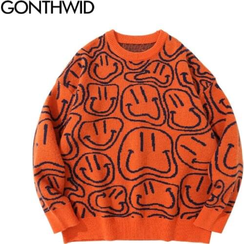 GONTHWID Sweaters Streetwear Hip Hop Knitted Smile Face Pullover Jumpers Sweater Harajuku Men Fashion Loose Casual Tops Knitwear