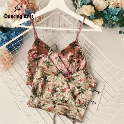 Tops Tops for Women Woman Camis Sexy Strap V-neck Velvet Crop Top Vintage Floral Print Bandage Female Short Tank Dropshipping