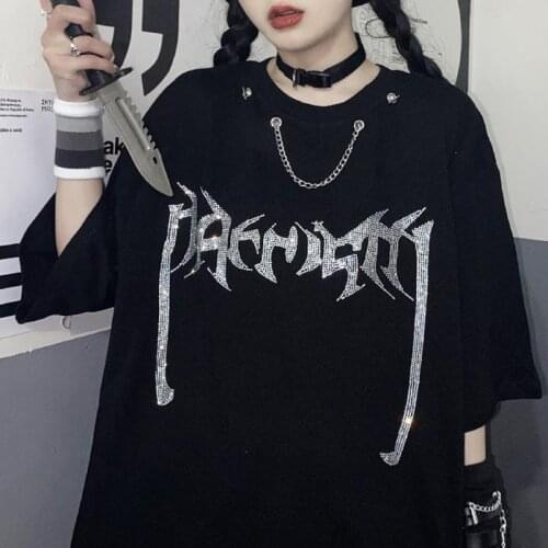 Rhinestone Letters Print Short Sleeve Punk Gothic Black Top Women T-Shirt Street Black Chain Loose Y2K BF Dropshipping Clothes