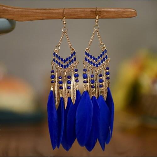 Womens Bohemian Long Feather Tassel Hook Earrings Indian Jewelry Vintage Gold Color Leaf Beads Dangle Earrings