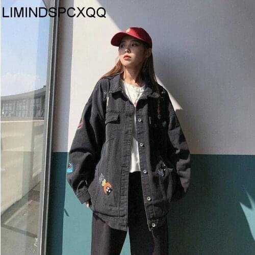 Womens Denim Jackets Spring 2021 Cartoon Printing Streetwear Harajuku Vintage Clothing Loose Black Jean Coats Lapel Outwear New