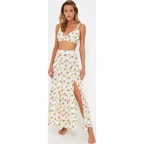 Plaid Floral Patterned Viscose Bottom-Top Set Womens Summer Casual Holiday Street Style