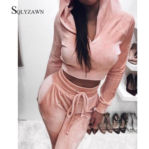 Sweatsuit Solid Velvet 2 Piece Set Women Autum Hoodies Crop Top + Casual Trouser Female Set Tracksuit Velour Fashion Sportswear