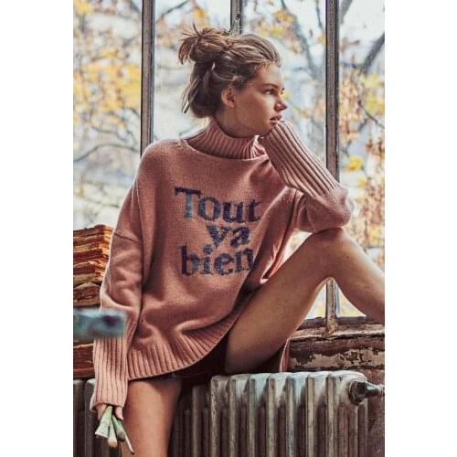 Women Sweater 2021 Fall and Winter Turtleneck Letter Lurex Pattern 90% Wool 10% Cashmere Knit Two-color Long-sleeved Pullover