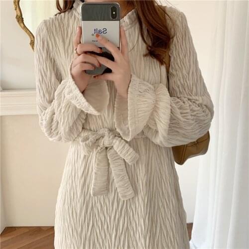 2021 New Women Spring Autumn Elegant Pleat Texture Long White Dress Waist Belt Stand Collar Full Sleeve Midi Dresses