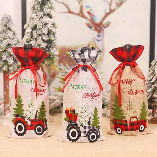 1PC Christmas Wine Bottle Cover Red Black Tractor Wine Bottle Bag Christmas Decorations For Home New Year Dinner Table Decor