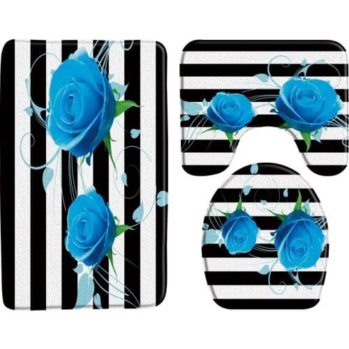 Blue Rose Flower Black And White Striped Background Bath Mats 3 Sets Door Mat Floor Mat Bathroom Rug Carpet Bathroom Products