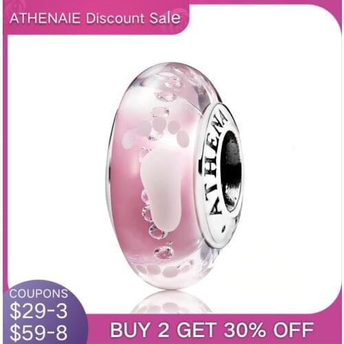 ATHENAIE New 925 Sterling Silver Baby Footprint Beads Pink Murano Glass Bead fit Charms Bracelets & Necklaces Women Jewelry