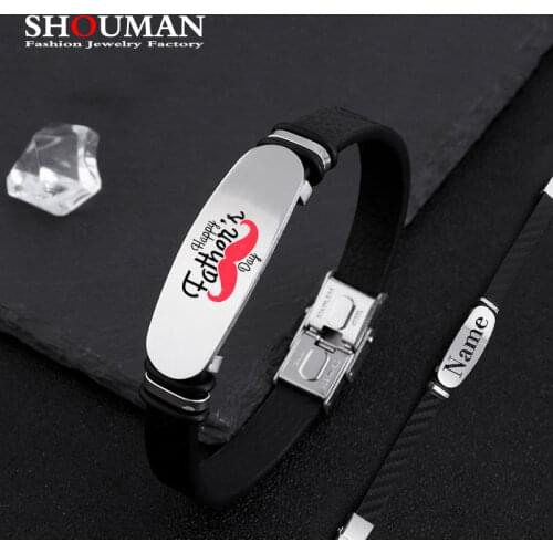 SHOUMAN Personalized Customized Name ID Happy Fathers Day Stainless Steel leather Mens Bracelet Dad Husband Gift Adjustable