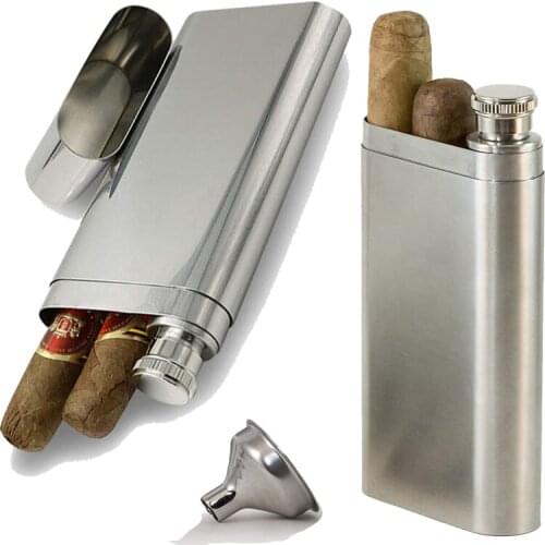 Perfect Pregame Cigar Flask Gift Set - 2 Cigar Holder and 2 Oz Stainless Steel Flask Combo Cigar Wine Tube Travel Business Men