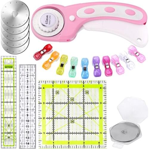 Nonvor Leather Cutting Tools Set 45mm Rotary Cutter with 5 Replacement Blades Circular Cutter Patchwork Sewing Clips and Rulers