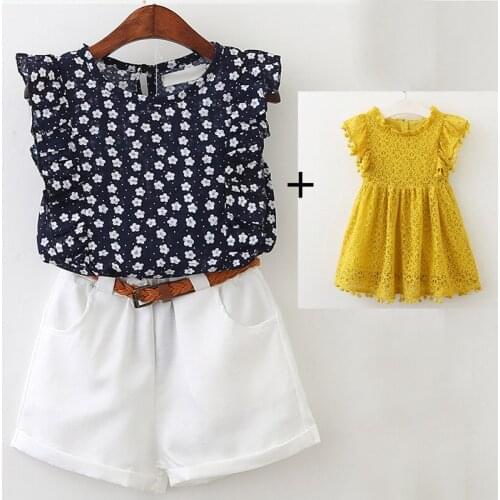 Girls Sets 2020 Summer Children Dots Pattern Shirt +Solid Color Pants Clothing Suits Kids Shorts Star Brooch Clothes Sets