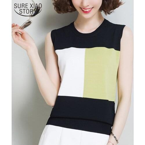 Korean Loose Style Hit Color Bottoming Shirt Plus Size Ice Silk Knitted Round Neck Sleeveless Womans Shirt Female 10050