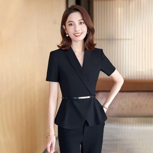 Summer Short Sleeve Formal Uniform Designs Pantsuits Women Business Work Wear Professional Office Ladies Blazers Trousers Set