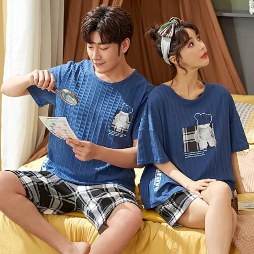 Fashion Summer Blue Plaid Couples Pajamas Set Plus Size Short Sleeve O-Neck Men Homewear Casual Soft Cotton Cute Women Sleepwear