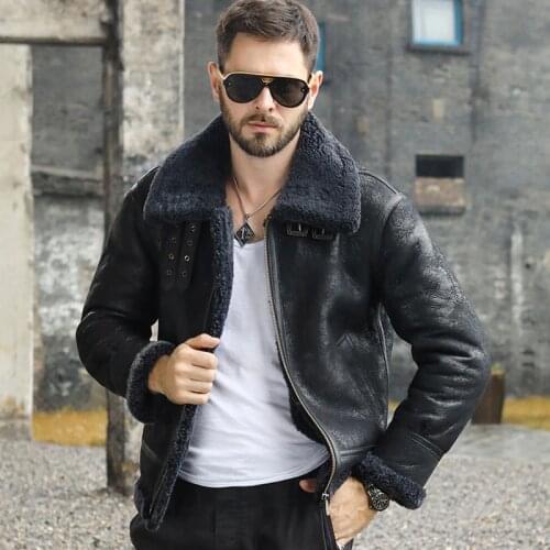 Men Thick Winter Jacket Shearling Sheepskin Genuine Leather Coat male B3 Bomber Jacket Retro Aviator Outerwear Trench Flight