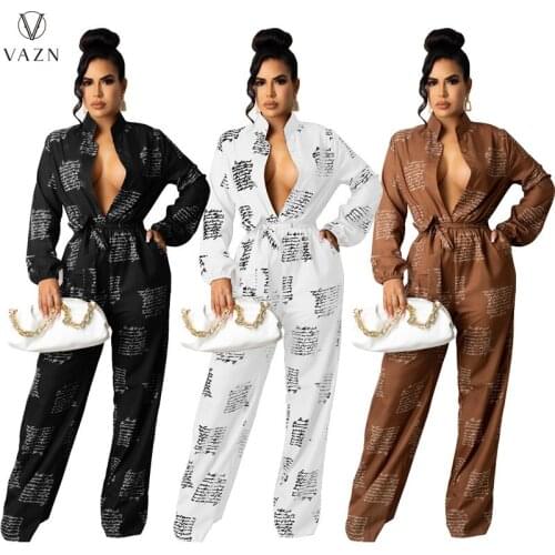 VAZN 2021 Lady New Fashion Street Casual Style Jumpsuits Long Sleeve Lapel Single Breasted Pockets Printed Jumpsuits Long Pants