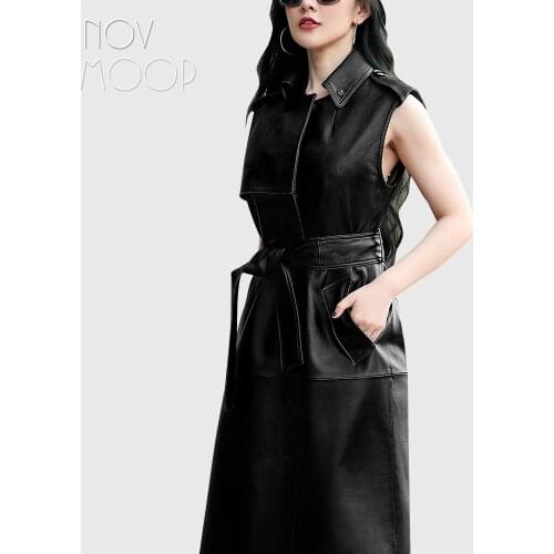 Novmoop sheepskin genuine leather women long vest french elegant style for office lady LT3326