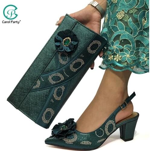 New Arrival green Color African Women Matching Italian design Shoes and Bag Set Decorated with Rhinestone for party and wedding